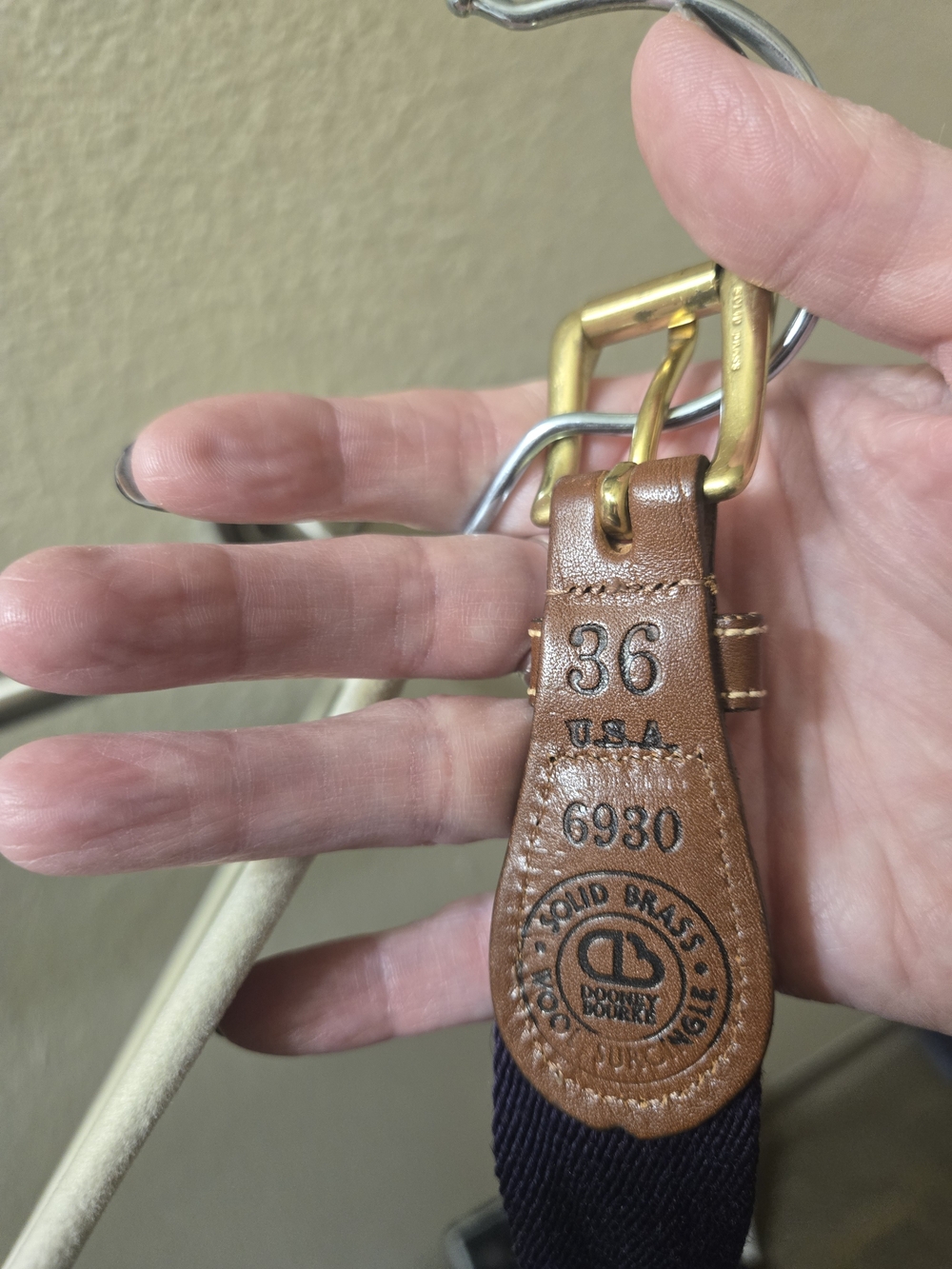 Vintage Dooney & Bourke Leather Strap with Brass Hardware - Tan And Navy